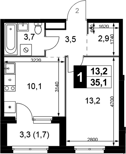 1-комн., 33.4 м², 1/4 этаж, ЖК «1-й Химкинский»