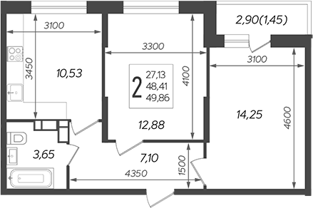 2-комн. квартира, 48.41 м² в ЖК Смородина — фото 2