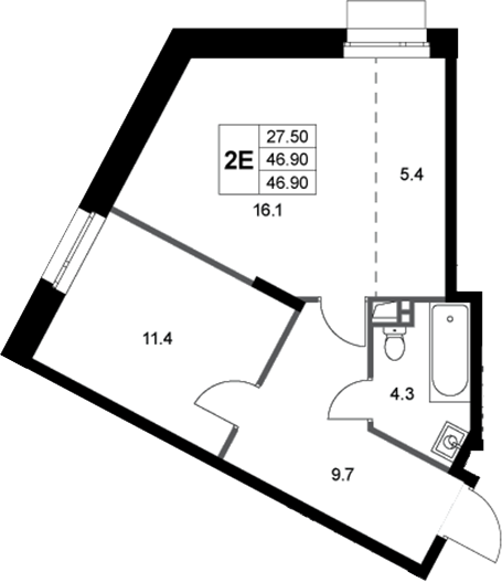 2-комн., 46.9 м², 1/3 этаж, ЖК «Кореневский Форт 2.3»