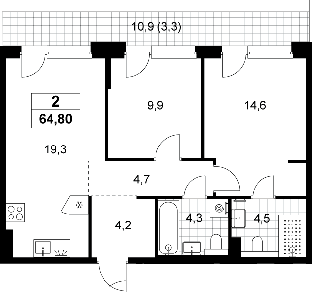 3-комн., 61.5 м², 8/8 этаж, ЖК «Хольм»