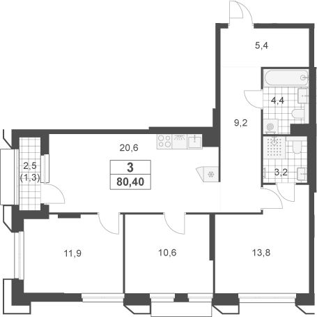 4+ комнаты, 79.1 м², 10/23 этаж, ЖК «Южные сады»