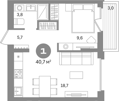 1-комн., 37.7 м², 5/8 этаж, ЖК «Первый квартал. Вторая очередь»