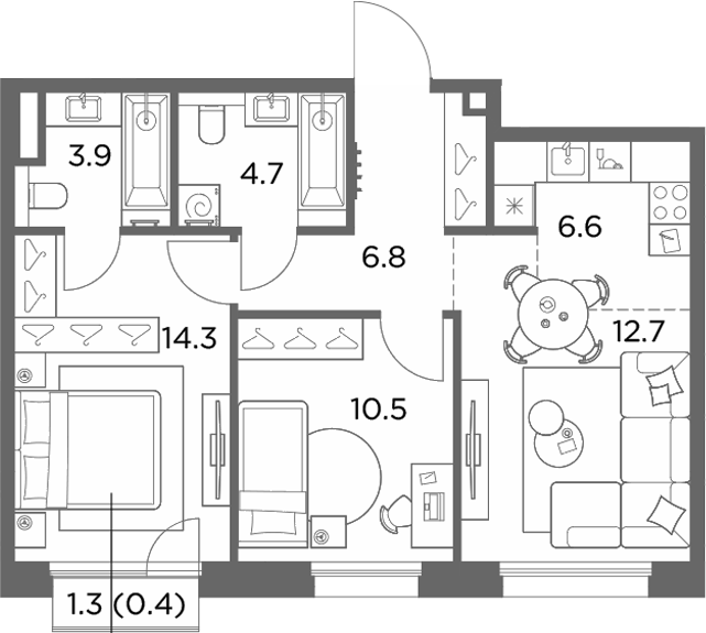 3-комн., 59.5 м², 4/6 этаж, ЖК «Станиславский»