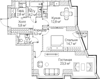 2-комн., 70.84 м², 3/60 этаж, ЖК «СЕЗАР БУДУЩЕЕ»