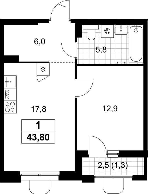 2-комн., 42.5 м², 8/10 этаж, ЖК «Прокшино»