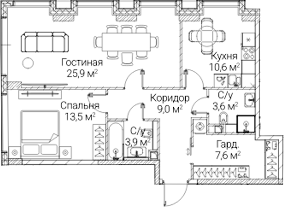 2-комн., 74.1 м², 35/41 этаж, ЖК «СЕЗАР БУДУЩЕЕ»