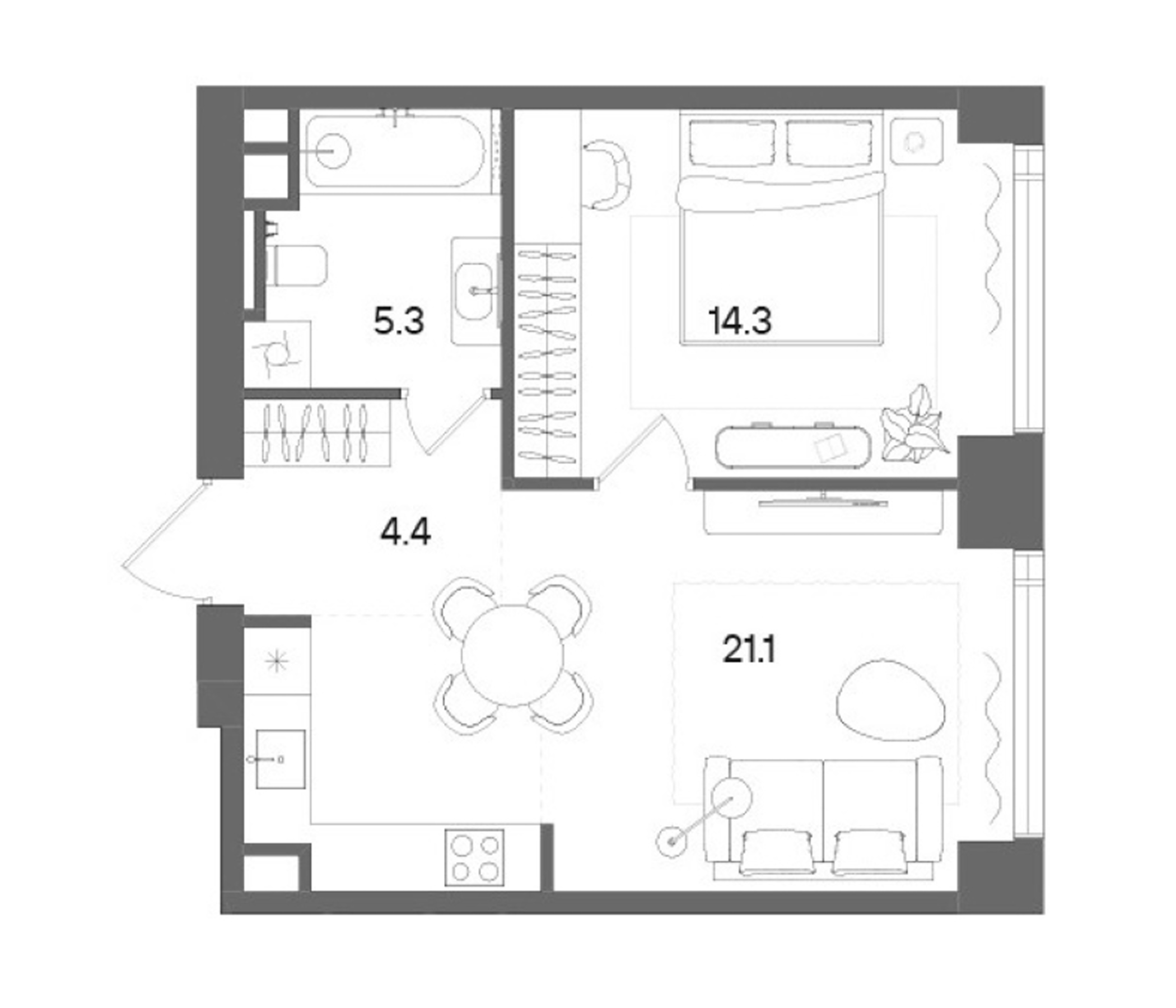 2-комн., 45.1 м², 42/50 этаж, ЖК «СТОУН Блик»