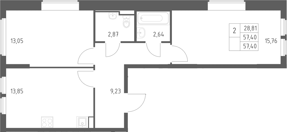 2-комн., 57.4 м², 3/14 этаж, ЖК «Остафьево»
