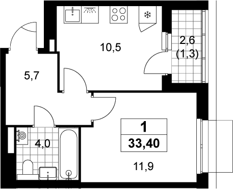 1-комн., 32.1 м², 12/15 этаж, ЖК «Деснаречье»