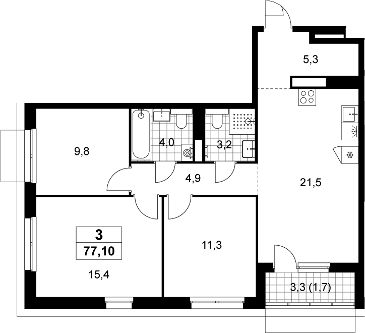 4+ комнаты, 75.4 м², 12/15 этаж, ЖК «Деснаречье»