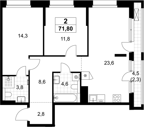 3-комн., 69.5 м², 15/15 этаж, ЖК «Хольм»