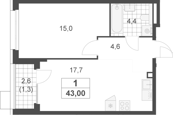 2-комн., 41.7 м², 2/17 этаж, ЖК «Скандинавия»