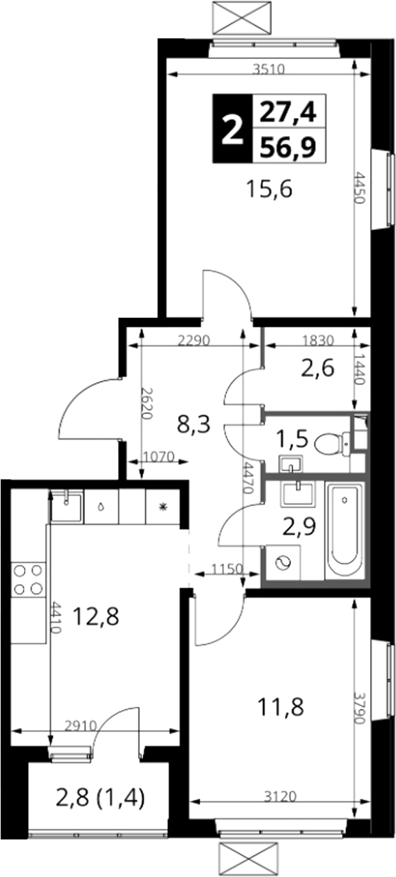 2-комн., 55.5 м², 15/25 этаж, ЖК «1-й Южный»