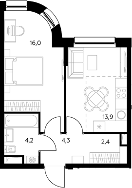 1-комн., 40.2 м², 33/43 этаж, ЖК «Адмирал»