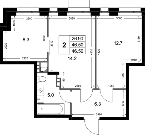 2-комн., 46.5 м², 3/3 этаж, ЖК «Кореневский Форт 2.3»