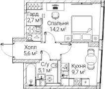 1-комн., 37.29 м², 49/60 этаж, ЖК «СЕЗАР БУДУЩЕЕ»