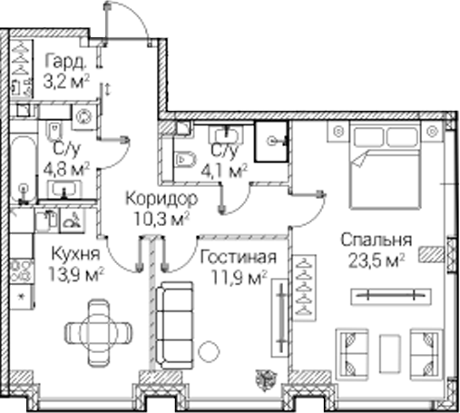 2-комн., 71.07 м², 20/41 этаж, ЖК «СЕЗАР БУДУЩЕЕ»