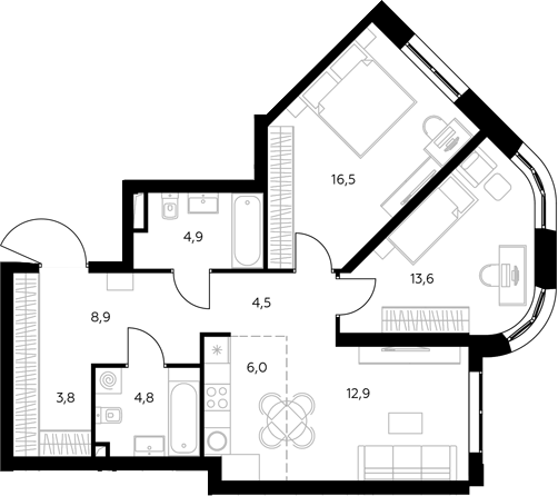 3-комн., 78.5 м², 16/43 этаж, ЖК «Адмирал»