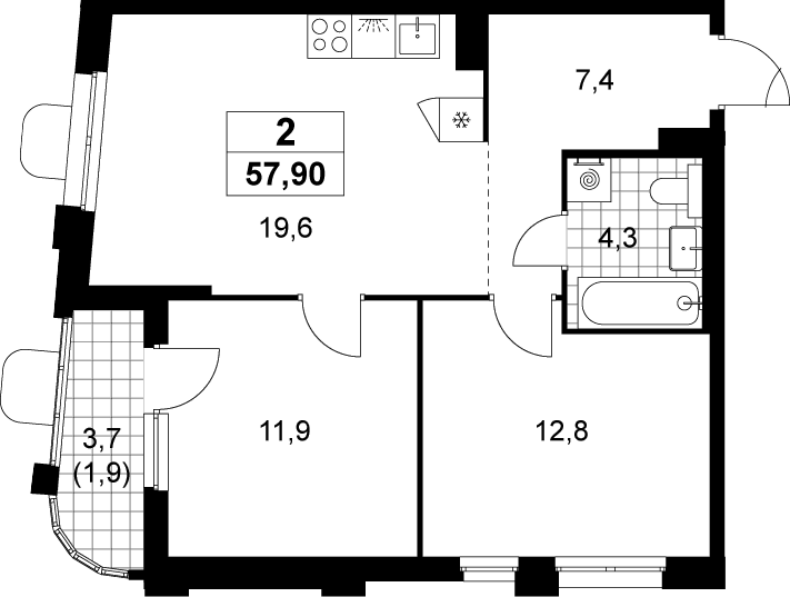 3-комн., 56 м², 9/14 этаж, ЖК «Прокшино»