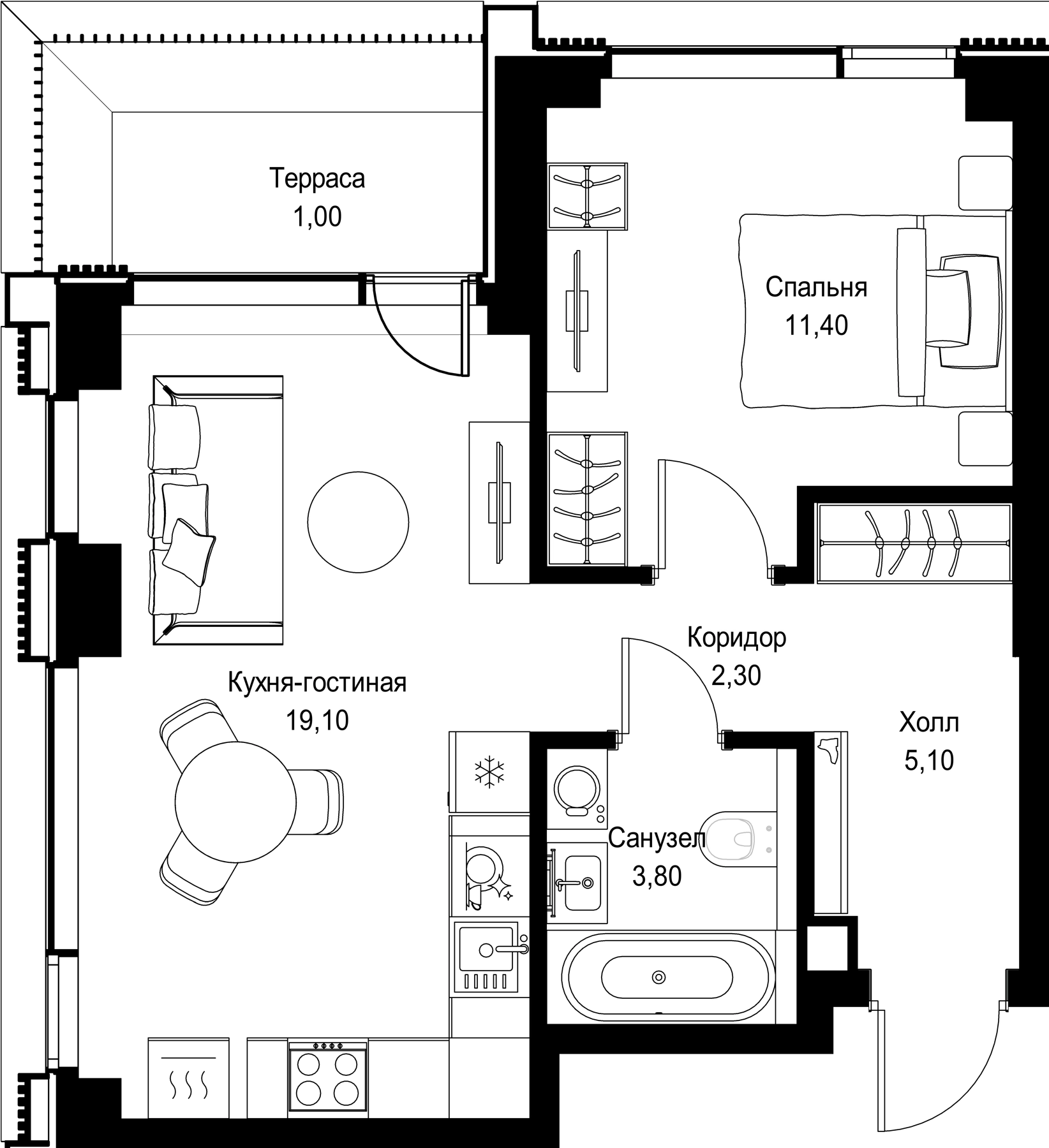 2-комн., 41.7 м², 19/36 этаж, ЖК «СИТИДЗЕН»