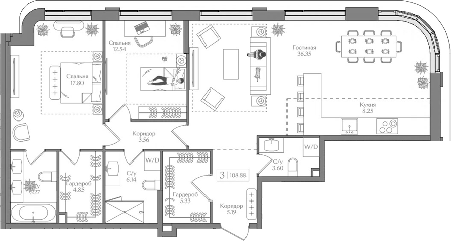 3-комн., 108.88 м², 13/14 этаж, ЖК «Преображенская площадь»