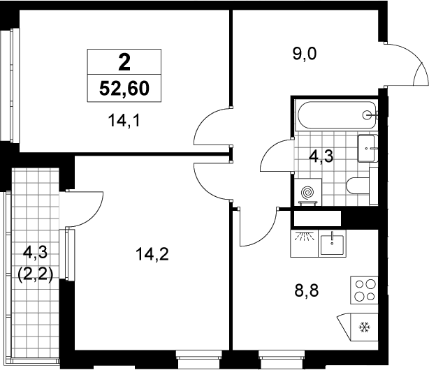 2-комн., 50.4 м², 9/12 этаж, ЖК «Деснаречье»