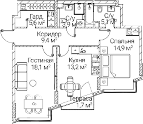 2-комн., 68.93 м², 10/12 этаж, ЖК «СЕЗАР БУДУЩЕЕ»