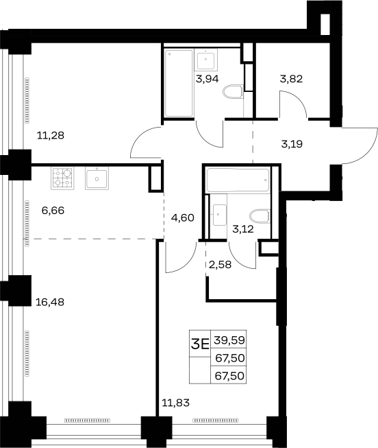 3-комн., 67.5 м², 3/32 этаж, ЖК «НОВА»