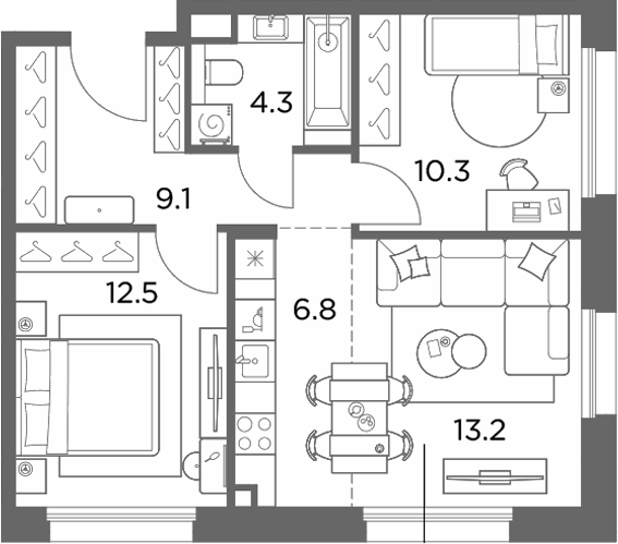 3-комн., 56.2 м², 6/6 этаж, ЖК «Станиславский»