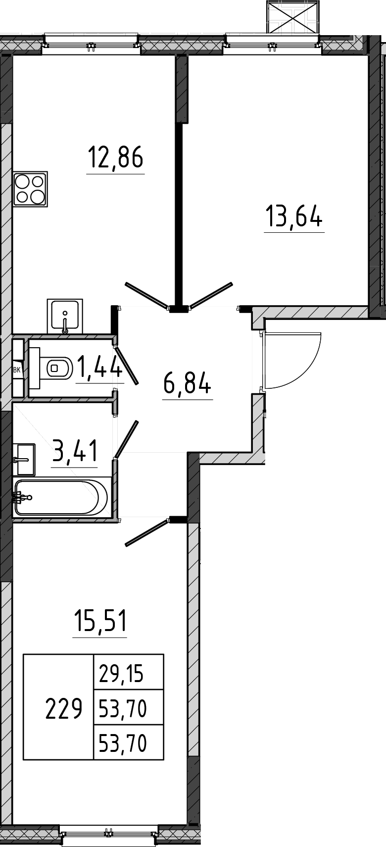 2-комн., 53.7 м², 2/17 этаж, ЖК «Поварово-Молодежный-2»