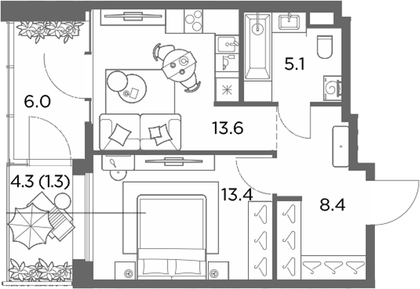 1-комн., 46.5 м², 1/6 этаж, ЖК «Станиславский»