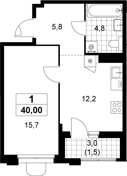 2-комн., 38.5 м², 11/14 этаж, ЖК «Прокшино»