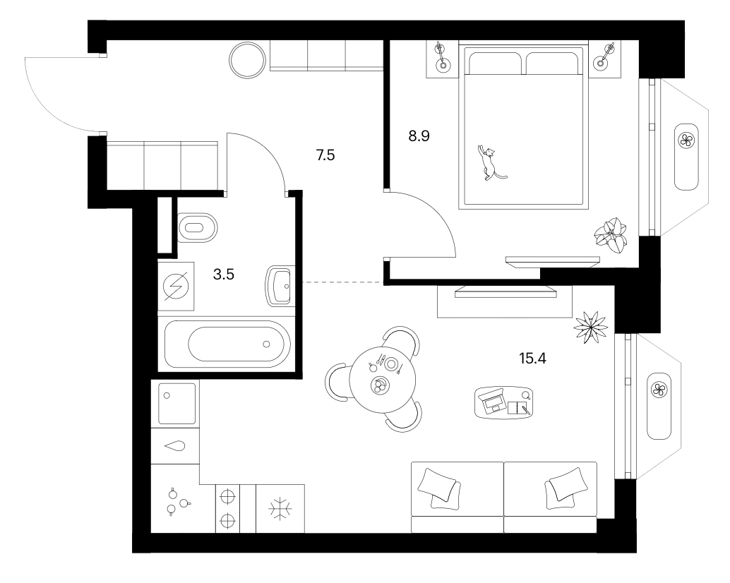 1-комн., 35.3 м², 12/24 этаж, ЖК «Зеленый парк»