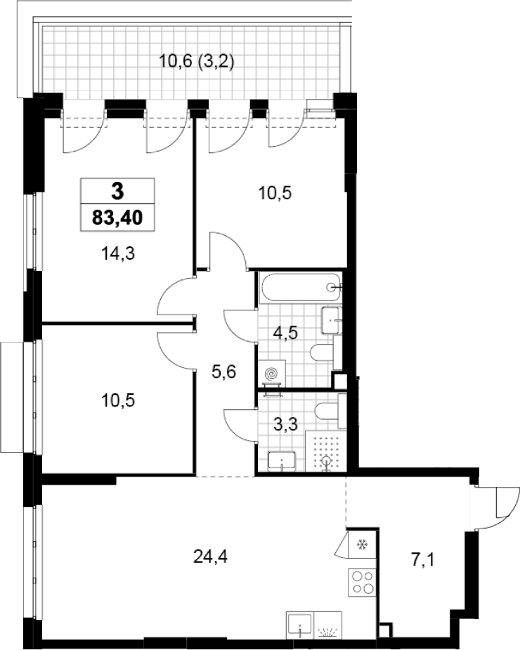 4+ комнаты, 80.2 м², 3/22 этаж, ЖК «Деснаречье»