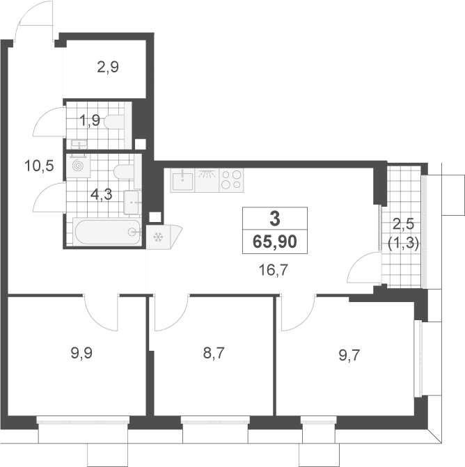 3-комн., 64.6 м², 14/22 этаж, ЖК «Скандинавия»