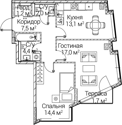 2-комн., 58.48 м², 3/12 этаж, ЖК «СЕЗАР БУДУЩЕЕ»