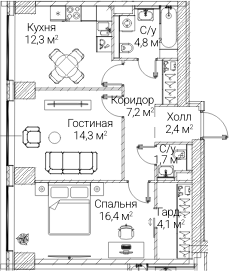 2-комн., 62.88 м², 2/60 этаж, ЖК «СЕЗАР БУДУЩЕЕ»