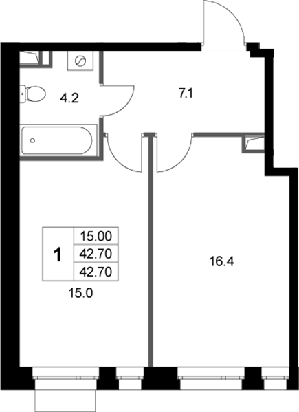 1-комн., 42.7 м², 1/3 этаж, ЖК «Кореневский Форт 2.3»