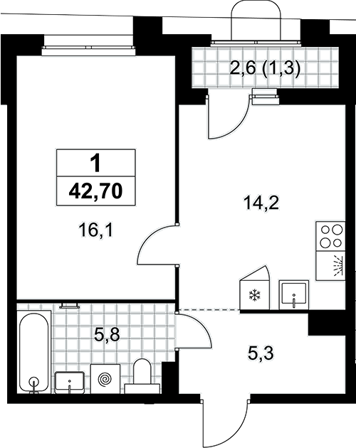 1-комн., 41.4 м², 6/7 этаж, ЖК «Прокшино»