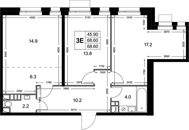 3-комн., 68.6 м², 2/3 этаж, ЖК «Кореневский Форт 2.3»