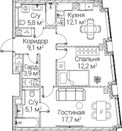 2-комн., 65.9 м², 8/12 этаж, ЖК «СЕЗАР БУДУЩЕЕ»