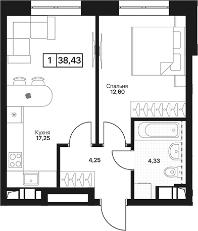 1-комн., 38.43 м², 2/17 этаж, ЖК «Пушкино Град»