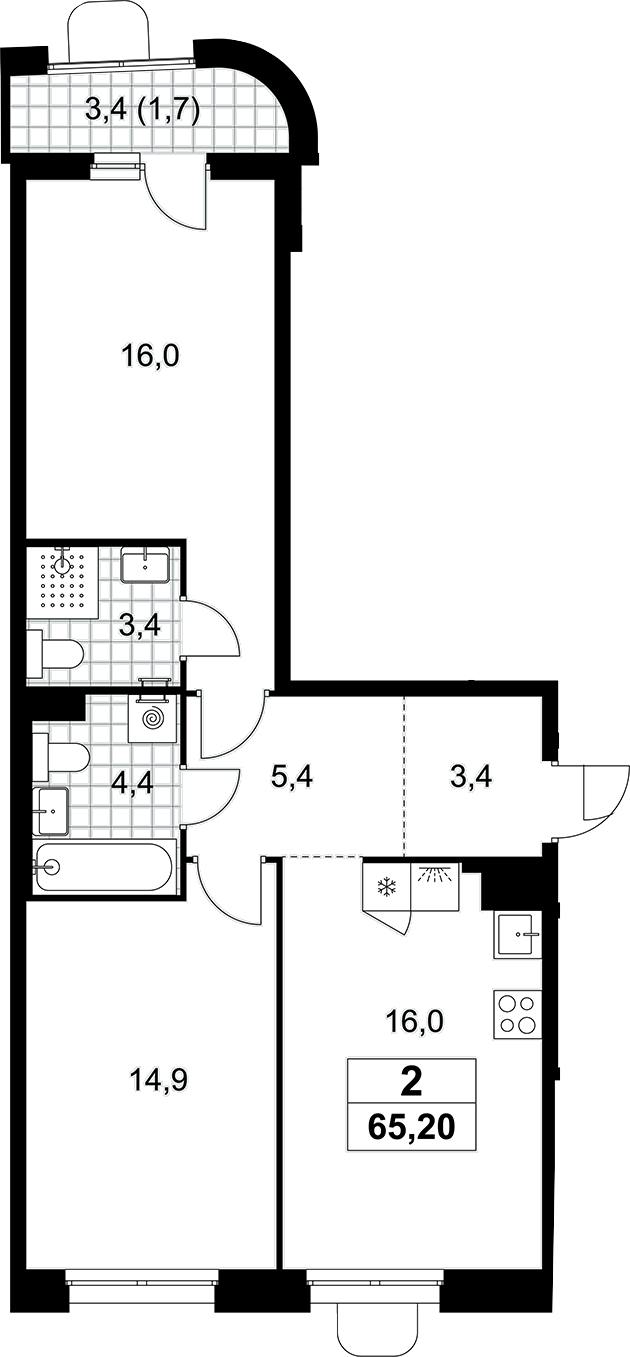 3-комн., 63.5 м², 9/10 этаж, ЖК «Прокшино»