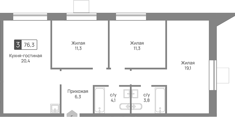 4+ комнаты, 76.3 м², 3/24 этаж, ЖК «Отрада 3»
