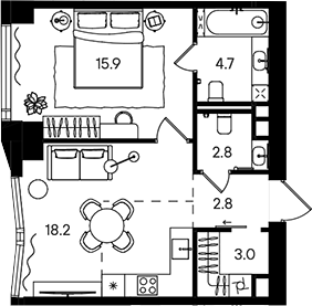 2-комн., 47.1 м², 24/50 этаж, ЖК «СТОУН Блик»