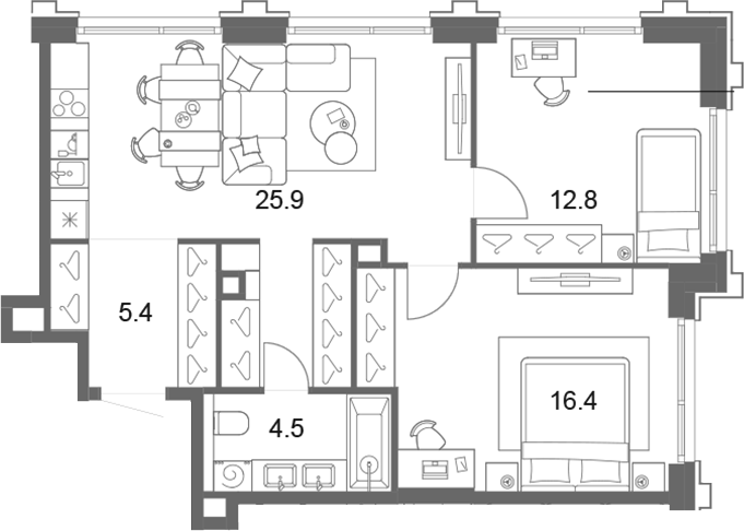 3-комн., 65 м², 16/19 этаж, ЖК «ОМ Ботанический»