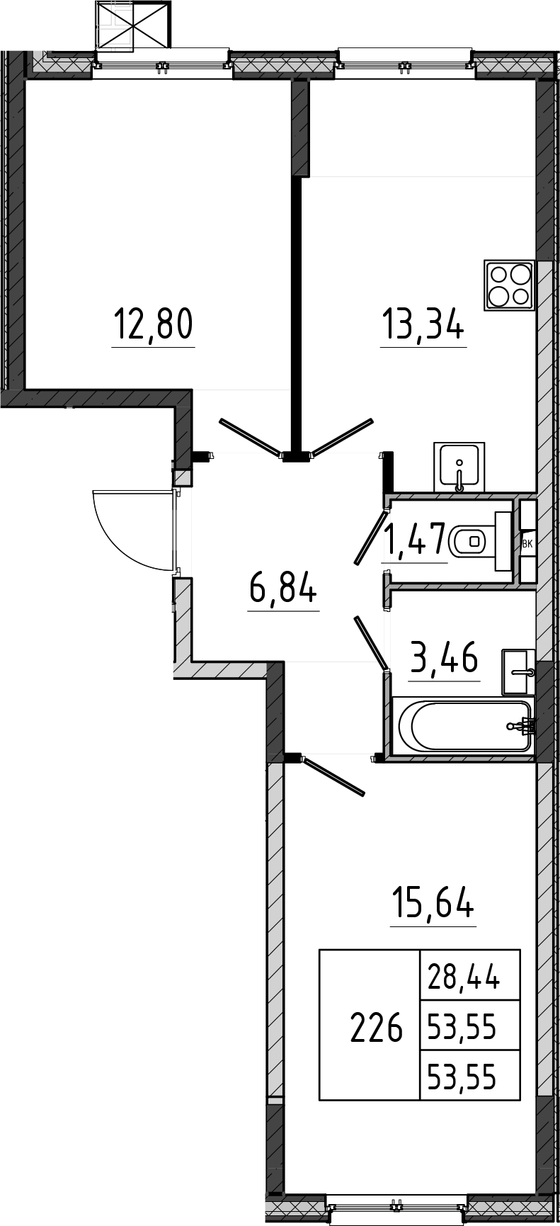 2-комн., 53.55 м², 2/17 этаж, ЖК «Поварово-Молодежный-2»