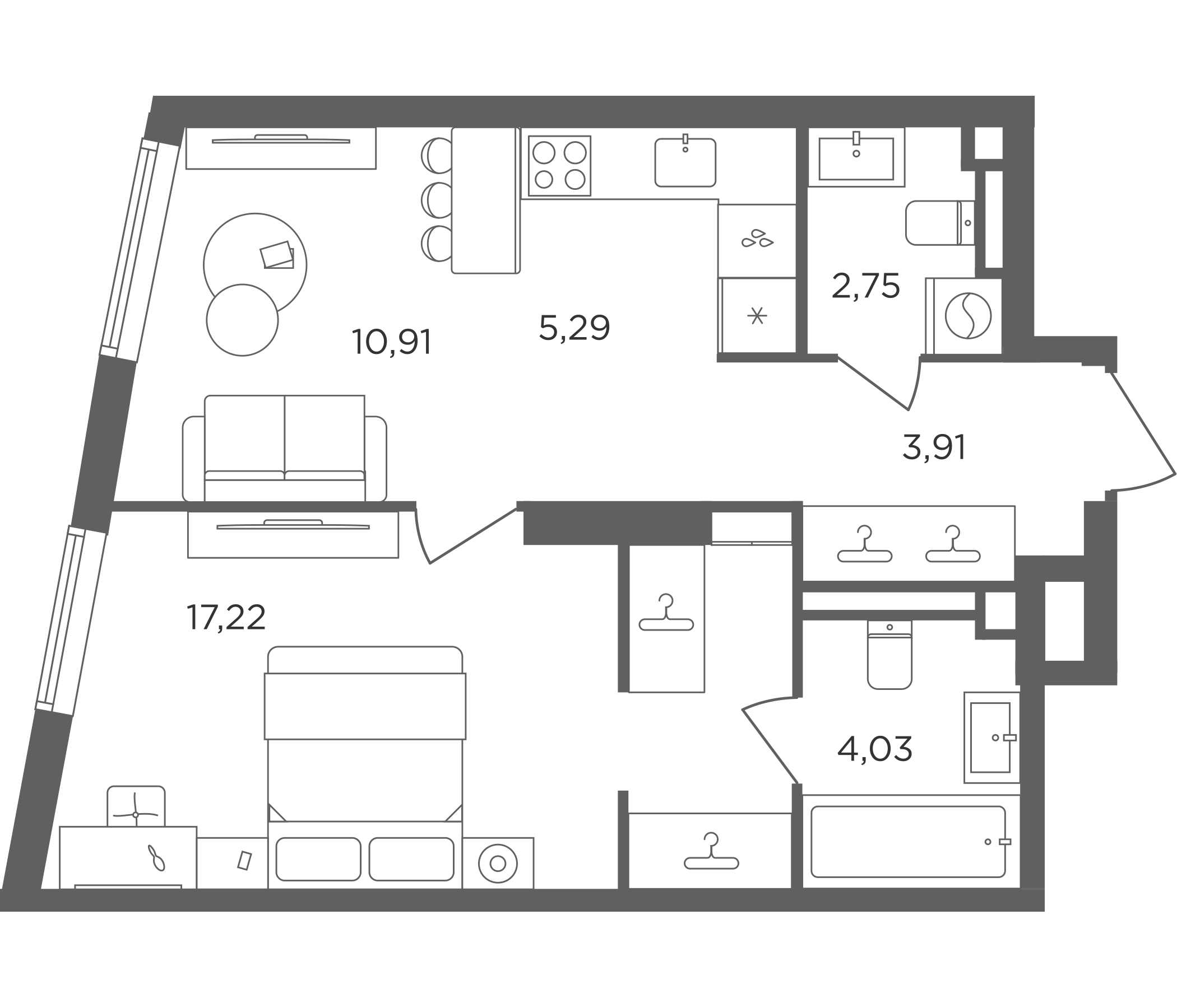 2-комн., 44.11 м², 18/30 этаж, ЖК «Сикрет Гарден»