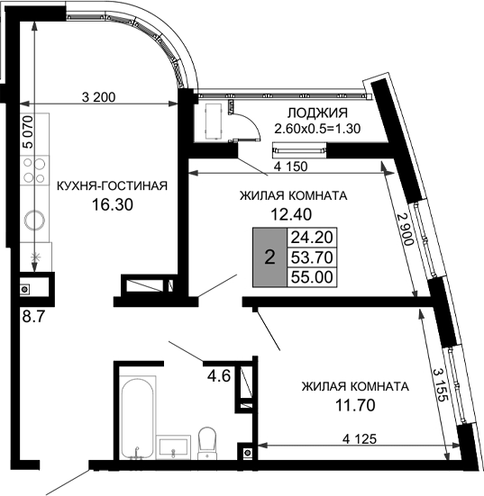3-комн. квартира, 53.7 м² в ЖК Фонтаны — фото 2