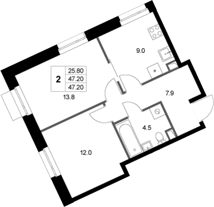 2-комн., 47.2 м², 1/3 этаж, ЖК «Кореневский Форт 2.3»